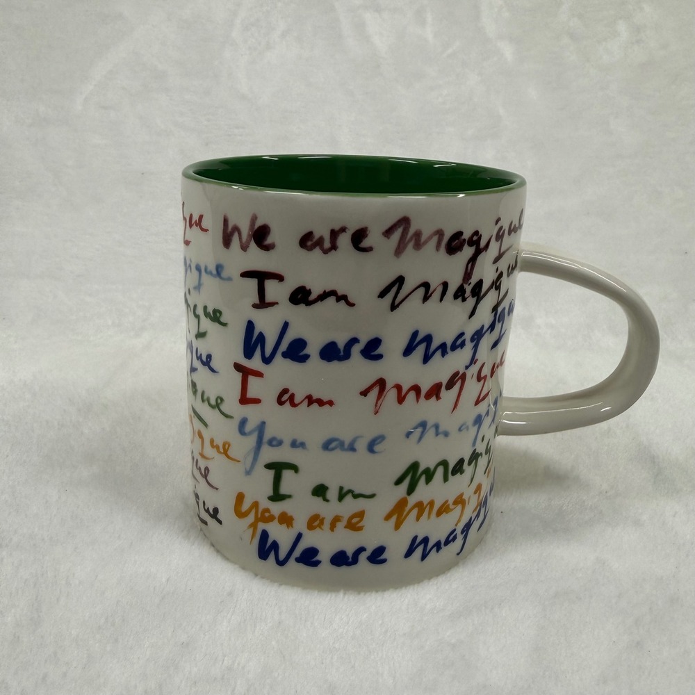 Anthropologie Hotel Magique Ceramic Coffee Mug Green Interior I Am Magique White